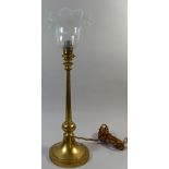 A Edwardian Brass Table Lamp with Vaseline Glass Shade Modelled as a Tulip.