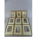 A Set of Three Gilt Framed Fashion Prints and Six Dickens Christmas Carol Prints