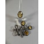 A Pretty Silver, Marcasite and Citrine Brooch in the Form of a Posy with Similar Ring.