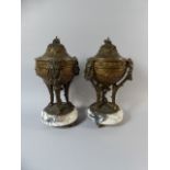 A Pair of Bronzed Spelter Urn Shaped Garnitures in the French Style with Marble Bases and Three