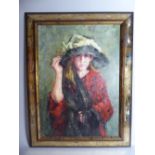 A Modern Framed Oil on Board of a Girl with Shawl and Bonnet. Inscribed Verso Barbara Potts.