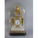 A French Ormolu Mounted Alabaster Mantel Clock with Marley Horse Finial on Plinth Base and Set