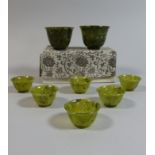 A Collection of Two Spinach Jade Tea Bowls and Six Smaller Nephrite Bowls. 6cm and 4cm Diameter.