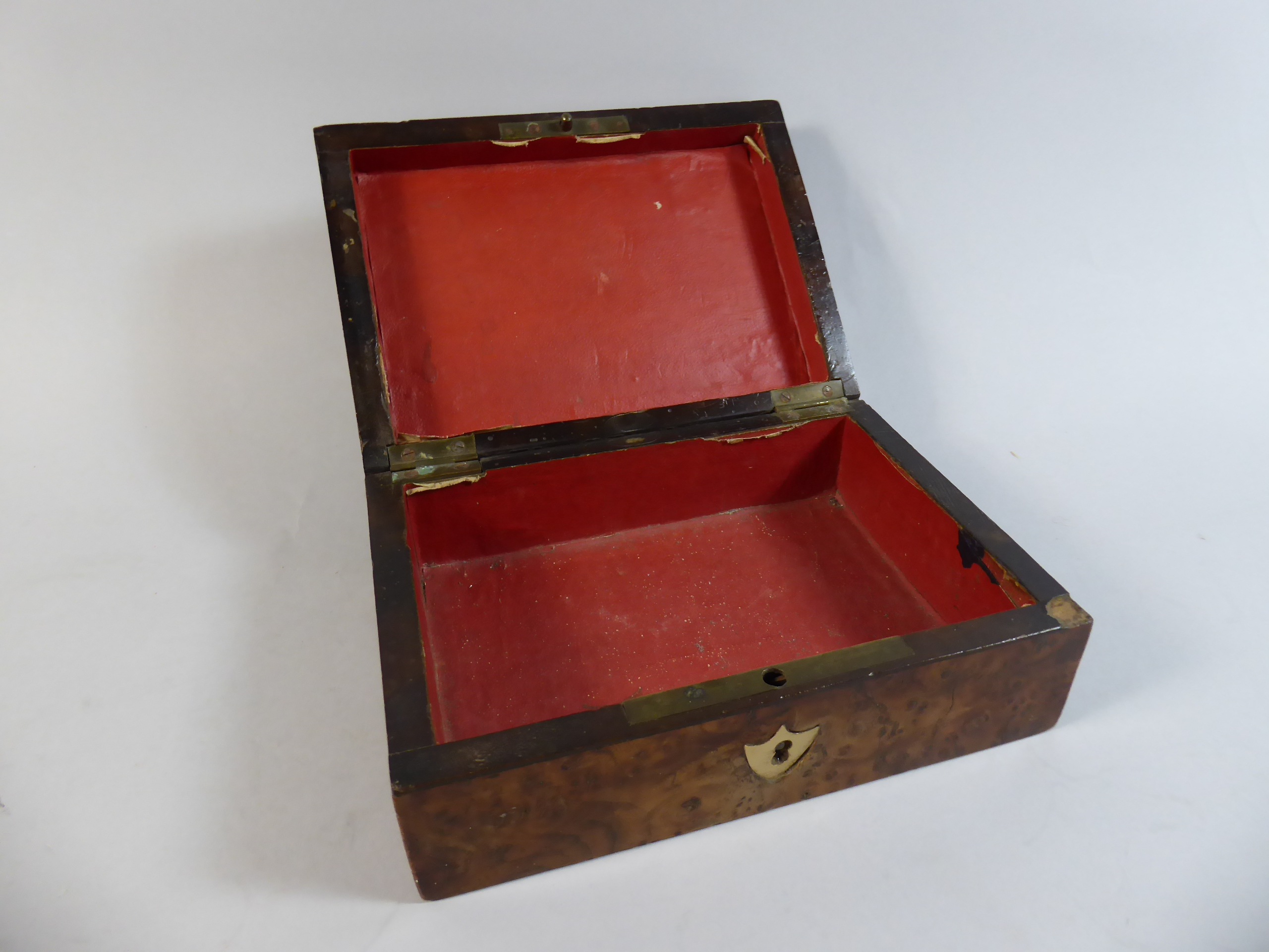 A Small 19th Century Burr Oak Box with Inlaid Brass Shield Escutcheons. - Image 2 of 2