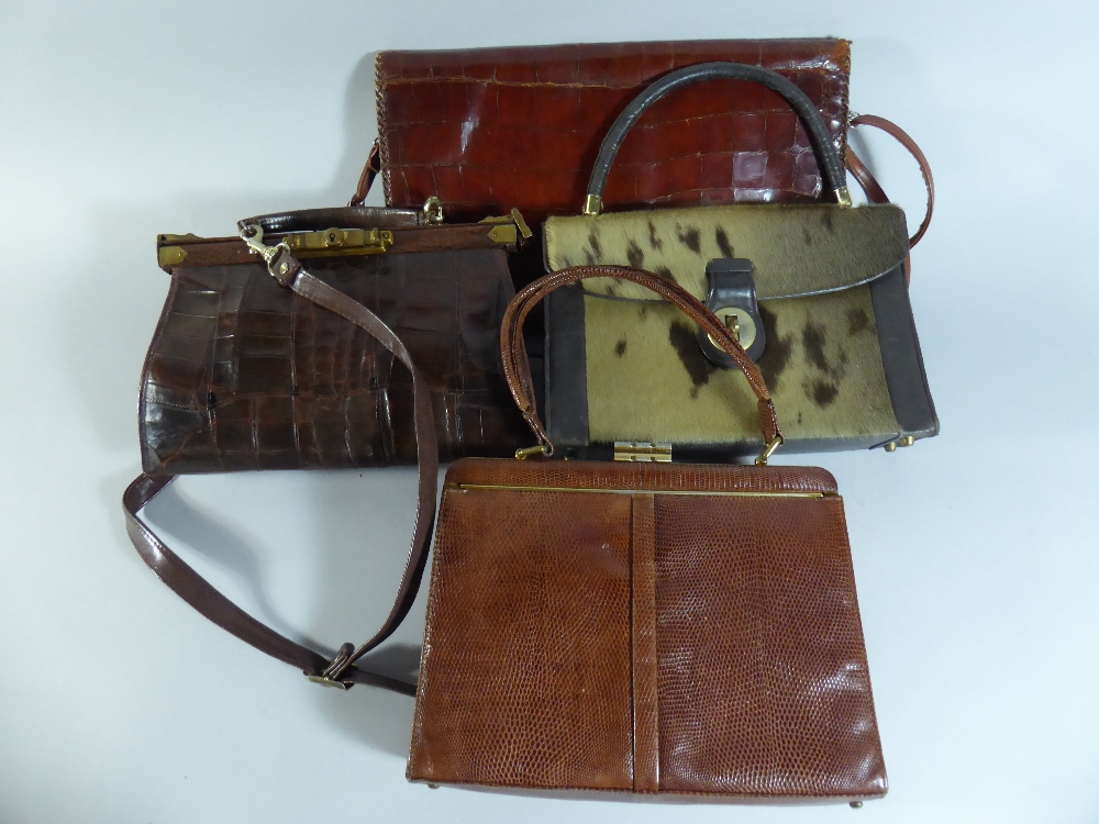 A Collection of Four Vintage Handbags to Include Cow Hide, Snake and Crocodile examples.