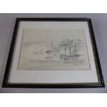 A Framed Pencil Sketch in the manner of Lowry, Boats in Thurso Bay, Monogrammed LSL 1925 26 x 17.