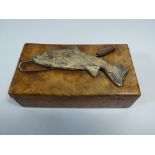 A Vintage Burr Wood Box. The Top Decorated with a Fish Caught in a Gaff.
