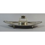 A Sheffield Silver Mounted Inkwell on Silver Boat Shaped Tray.