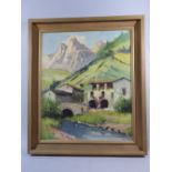 A Gilt Framed Oil on Canvas Depicting Alpine House Beside Stream. Signed Bottom Right C.Wiegman.