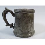 An Antique Chinese Export Pewter Tankard Decorated with Chinoiserie Images.