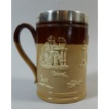 A Silver Mounted Doulton Salt Glazed Tankard with Various Applied Scenes Depicting Gent with Pipe