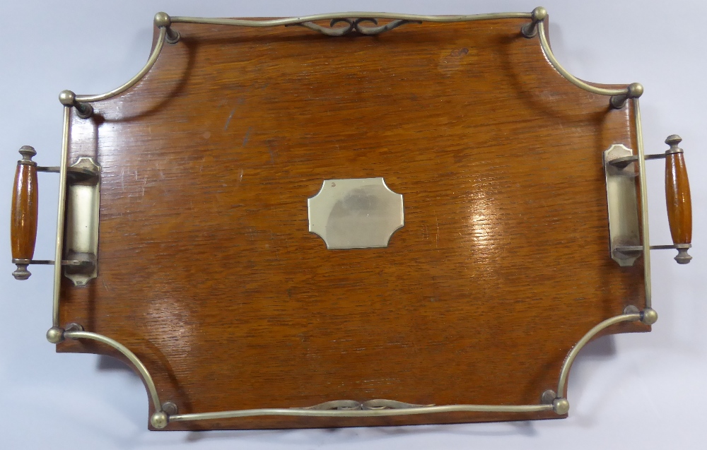 An Edwardian Two Handled Oak and Silver Plated Drinks Tray.