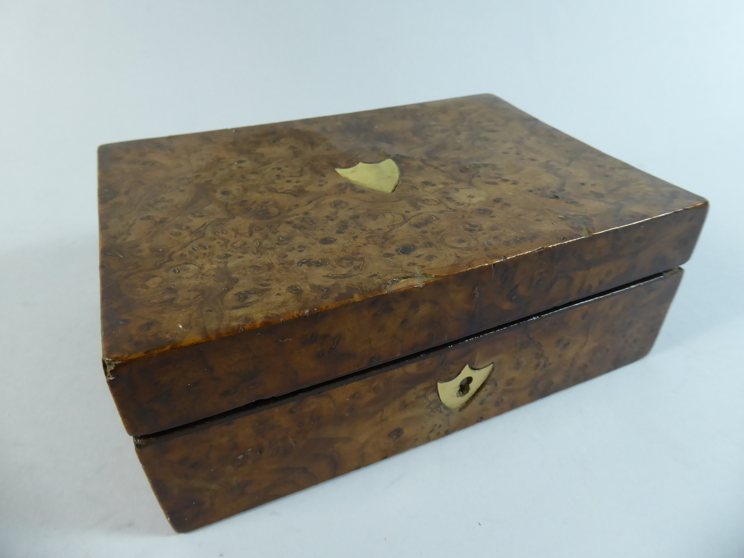 A Small 19th Century Burr Oak Box with Inlaid Brass Shield Escutcheons.