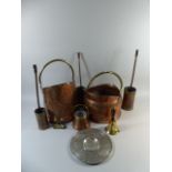 Two Copper Helmet Shaped Coal Scuttles, Brass Bell,