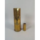 A Trench Art Brass Shell with Mounts for Royal Artillery Together with a Small Shell