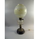 A Late Victorian Oil Lamp with Etched and Opaque Shade and Glass Reservoir,