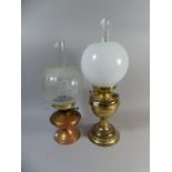 One Copper and One Brass Oil Lamps with Opaque and Etched Shades