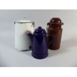 Two Vintage Enamelled Milk Cans and an Enamelled Coffee Pot