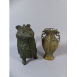 A Taiwan Bronze Effect Lidded Jug Together with a Pierced Oriental Brass Two Handle Vase Having