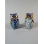 Two Small Oriental Cloisonne Lidded Pots in the Form of Owls with Removable Heads