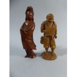 A Carved Chinese Boxwood Figure of a Maiden (One Foot Lost) 16cm High together with a Boxwood