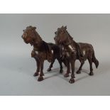 A Pair of Oriental Hardwood Carved Horses in Regalia with Glass Eyes.