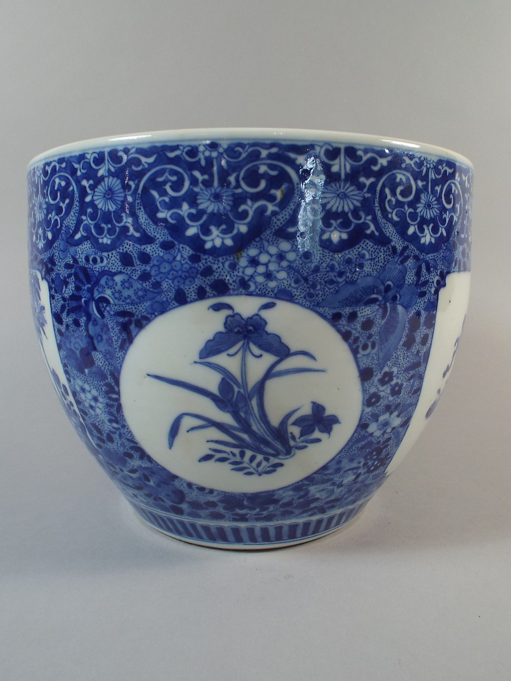 A Nicely Decorated Blue and White Oriental Planter or Fish Bowl with Panels Depicting Antiques, - Image 2 of 4