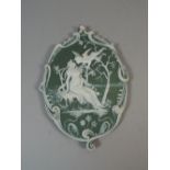 An Continental Green Jasperware Plaque Depicting Maiden in Park Setting with Flowers being Kissed