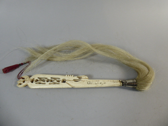 An Early 20th Century Turkish Ottoman Fly Swish, with a Carved Camel Bone Handle. 60cm Long.