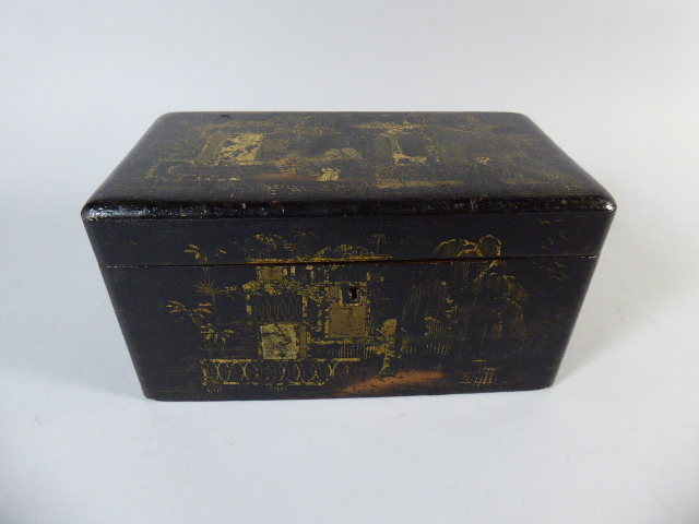 An Early 19th Century Regency Chinoiserie Lacquered Tea Caddy.