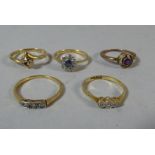 A Collection of Five Gold Rings with Diamond, Sapphire and Ruby, 8.