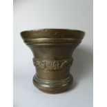 A Very Heavy and Early Cast Bronze or Gun Metal Mortar with Moulded Foliate Band 20cms Diameter,