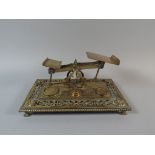 A Set of Victorian Brass Postage Scales with Weights. Etched and Pierced Decoration to Stand.