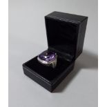 A 14k White Gold and Diamond Ring Set with a Cushion Cut Purple Amethyst Approx. 25ct.
