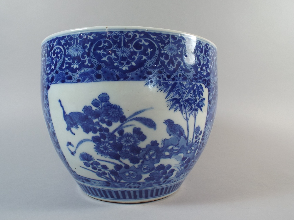 A Nicely Decorated Blue and White Oriental Planter or Fish Bowl with Panels Depicting Antiques, - Image 3 of 4