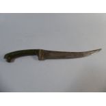 A Green Jade Handled Dagger with Curved Blade. 31cms Long.