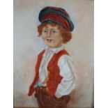 A Painted Porcelain Plaque Depicting Victorian Boy in Waistcoat. In Gilt and Ebonised Wooden Frame.