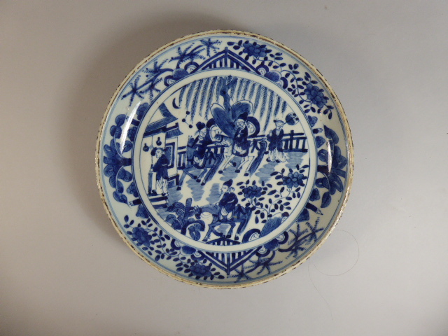 An Early 19th Century Chinese Blue and White Shallow Dish Depicting Men on Horses to Centre,