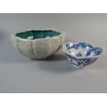 A Pretty Blue and White Scallop Shaped Oriental Tea Bowl Decorated with Bats and Chrysanthemums,