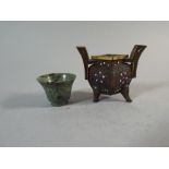A Small Spinach Jade Tea Bowl and a Small Champleve Enamel Pot Decorated in Coloured Enamels and on