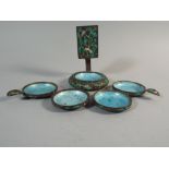 An Oriental Enamelled Smokers Accessory Combining Four Stacking Ashtrays (Two AF) and Matchbox