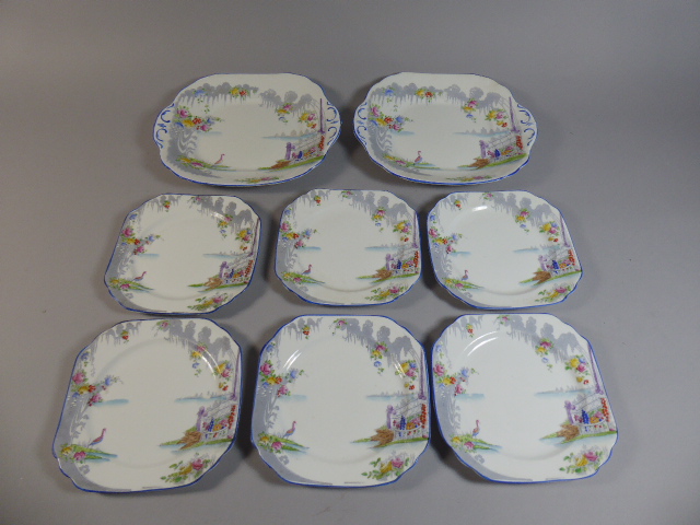 A Foley "Dainty Pattern" Bread and Butter Set Comprising Two Cake Plates and Six Side Plates