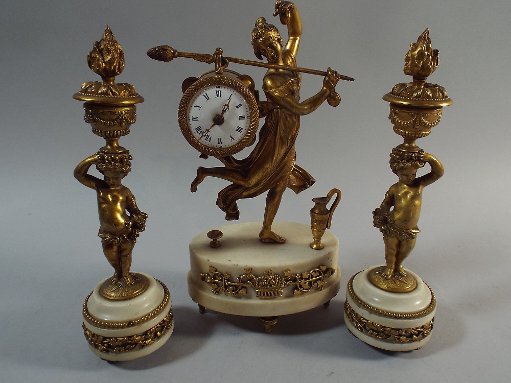 A Nice French Ormolu and Alabaster Figural Clock Garniture,