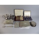 A Nice Walker and Hall Cigarette Case, Two Cigar Boxes, Teapot, Lidded Cream Cased Teaspoons etc.