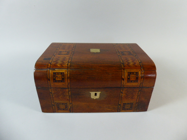An Inlaid Banded 19th Century Work Box with Removable Tray and Brass Escutcheons.