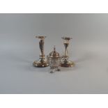 A Pair of Sheffield Plate Candlesticks by Wilkinson and Co (Rubbed) Together with a Silver Plated