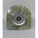 An Art Deco Carved Cornish Serpentine Marble Aneroid Barometer. 20cm Wide.