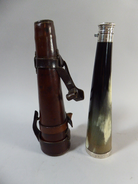 A Good Quality 19th Century Leather Cased and Silver Mounted Horn Saddle Flask.