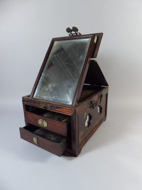 A 19th Century Oriental Gentlemans Travelling Vanity Box with Hinged Top to Folding Mirror and Two