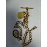 A Nine Carat Gold Double Albert Watch Chain with George III 1798 Spade Guinea Mount and White Metal